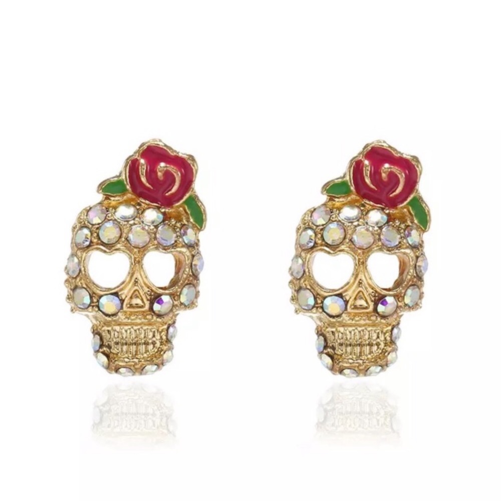 New! Sugar Skull Rhinestone Earrings - Picture 1 of 12